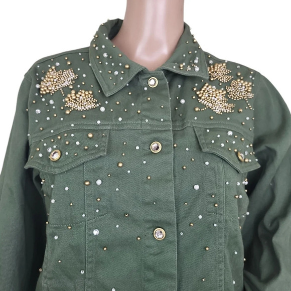 Quacker Factory Embellished Rhinestones Green Jacket Button Up - Picture 2 of 4